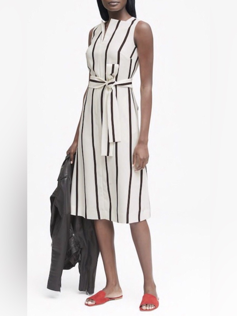 Banana Republic Black White Striped Tie Waist Sleeveless Midi Dress